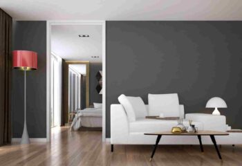 The interior of modern living room and bedroom service apartment design The interior of modern living room and bedroom service apartment design